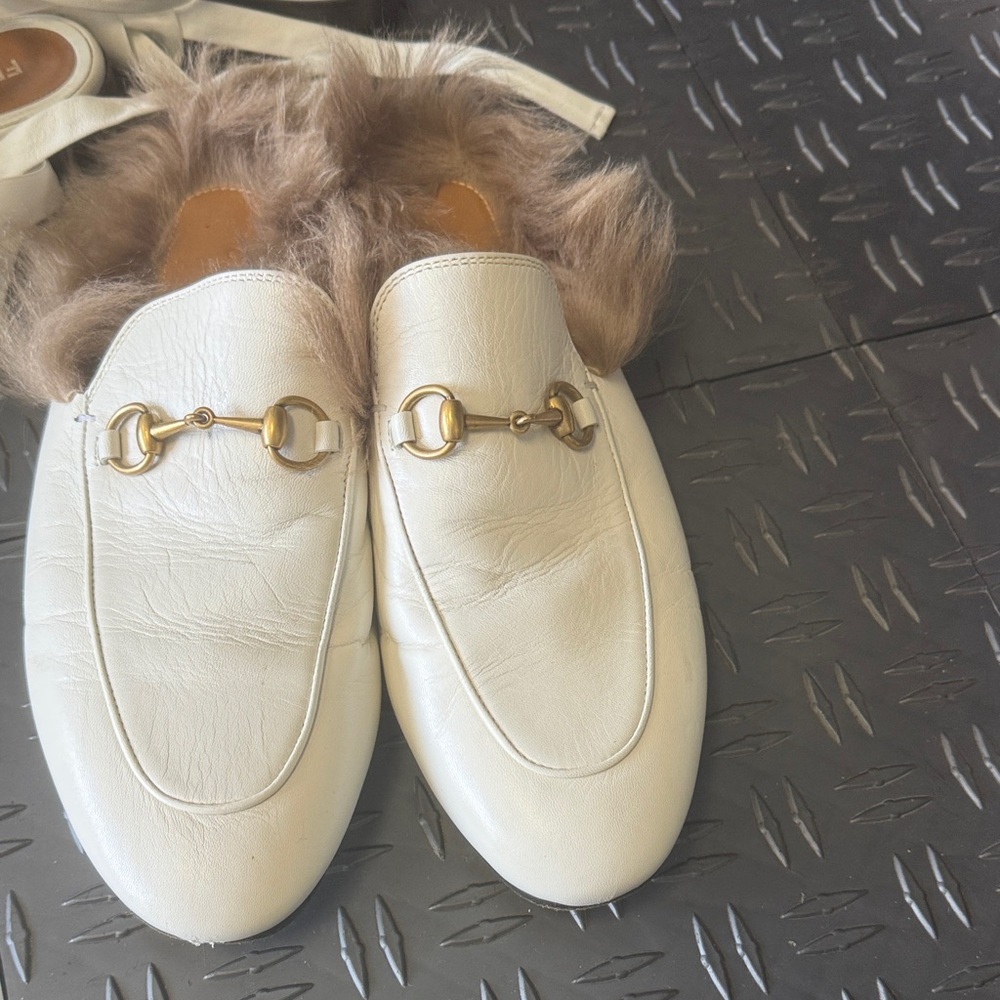 White Leather Fur-Lined Slip-On Loafers with Gold Hardware